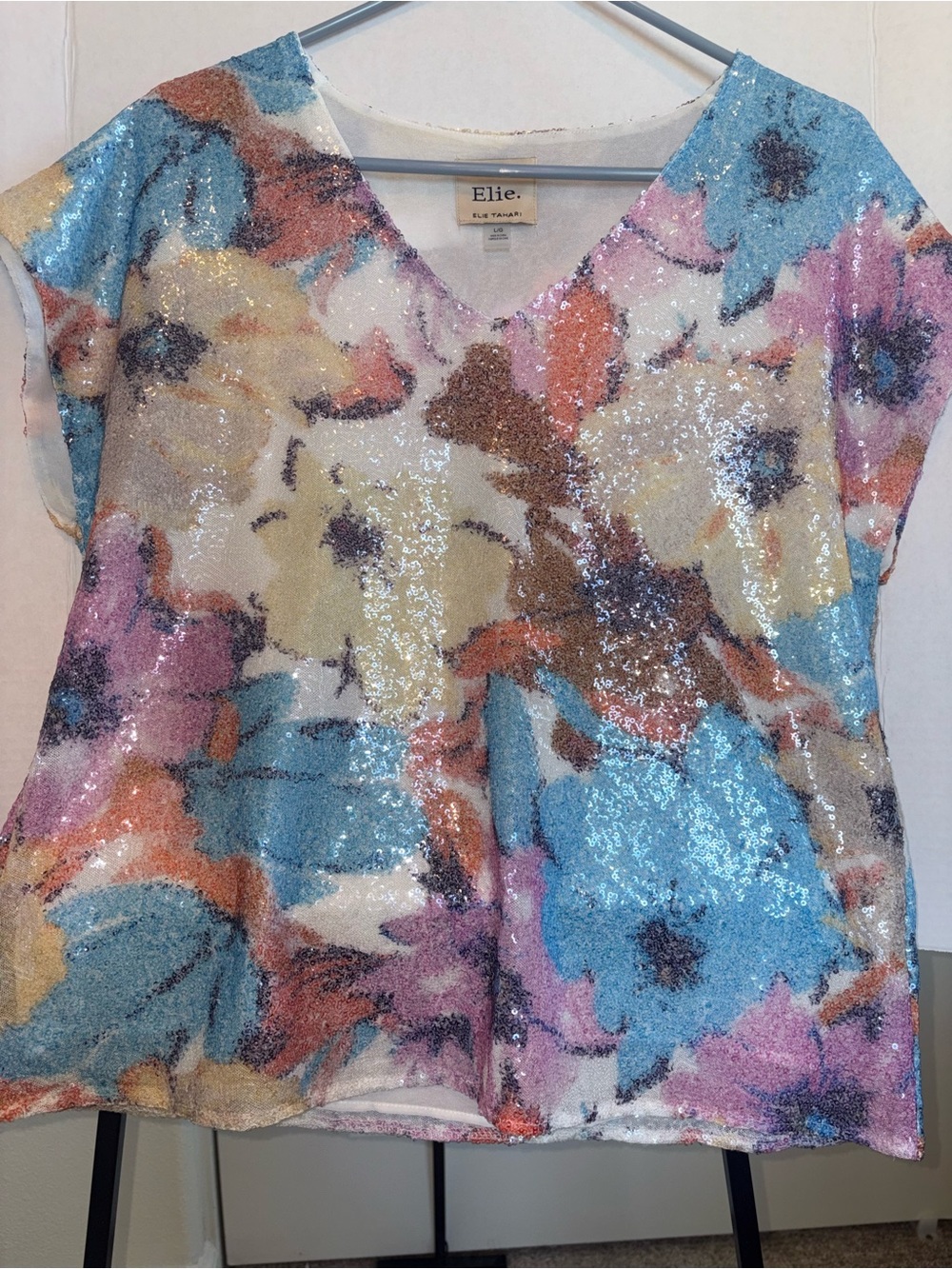 Elle Sequin Floral V-Neck Top in Blue, Pink, Yellow, Cream, Brown